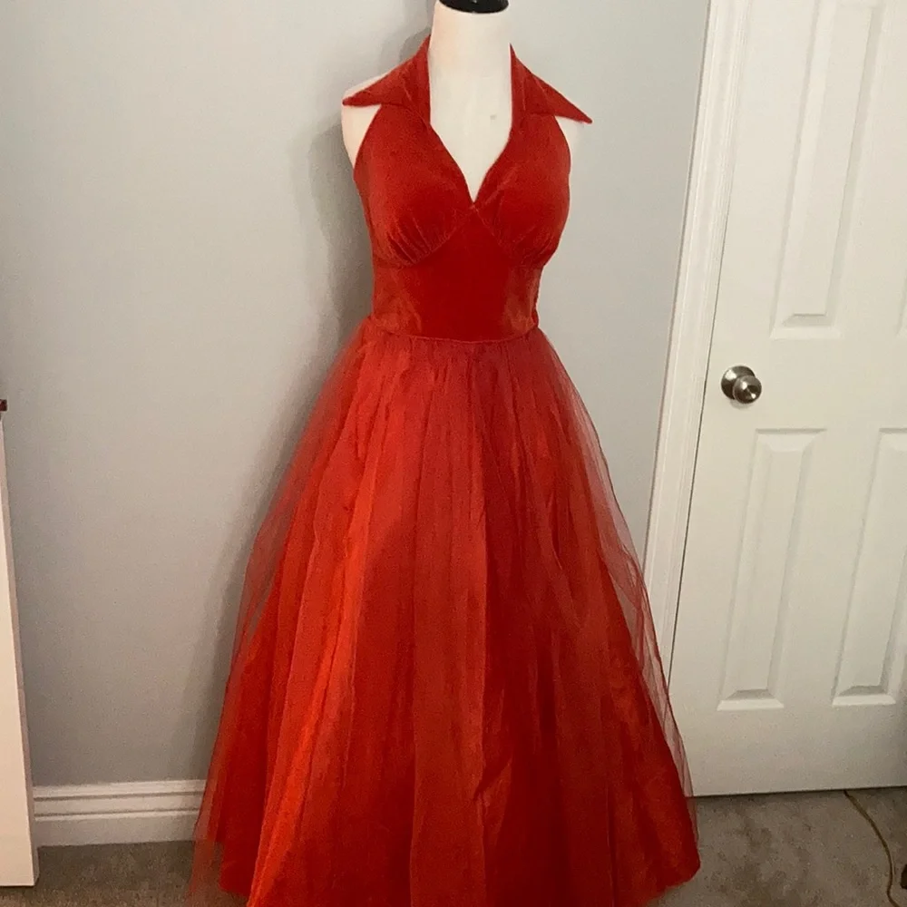 Blood Orange Vintage Velvet and Tulle Ballgown w/ matching Bolero prom - Picture 3 of 11